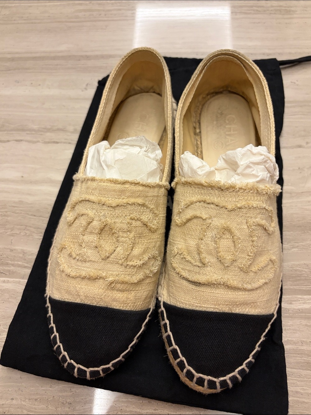 CHANEL Beige and Black Canvas Espadrilles with Frayed CC Detail